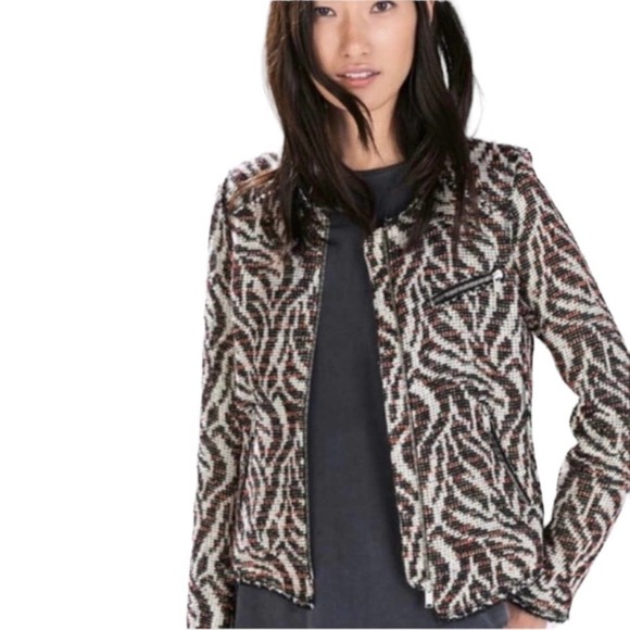 Zara Jackets & Blazers - Zara Tweed‎ Blazer Metallic Wool Zebra Print Raw Hem Red Medium